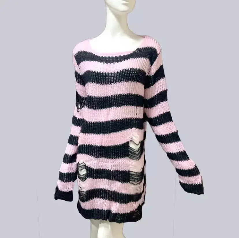 Punk Rock Distressed Sweater – Loose Striped Knit Pullover, Gothic Fashion