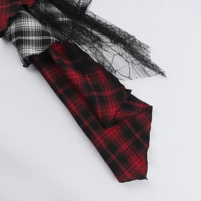 Gothic Plaid Mini Skirt – Y2K Punk Rock High Waist Irregular Skirt with Lace Detail