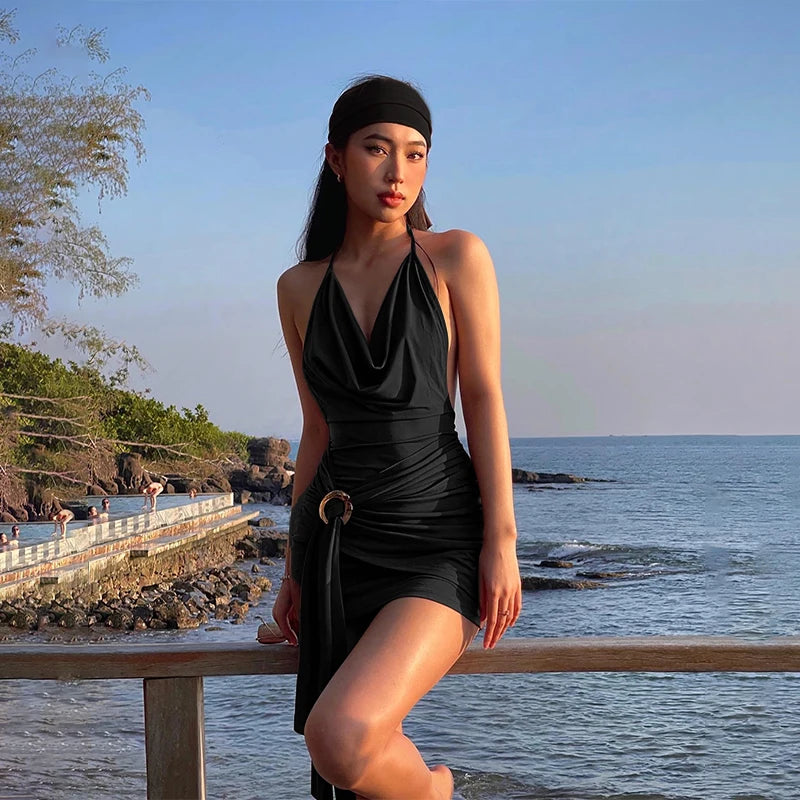 Y2K Brown Mini Dress – Low-Cut Backless Bandage Pleated A-Line Dress for Women
