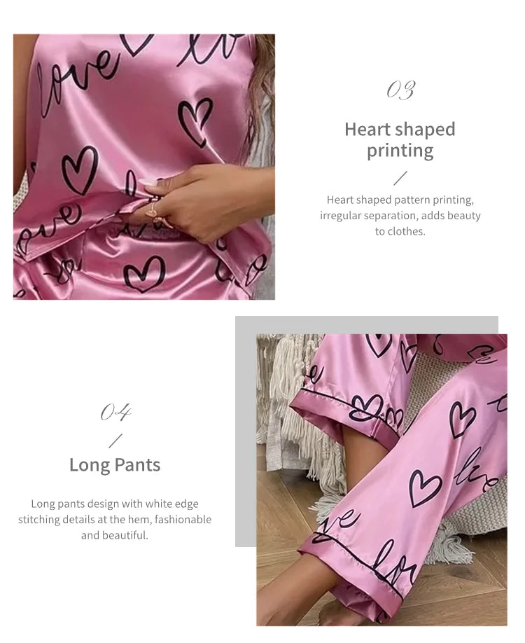 Women Letter Print Satin Pajama Set Chic V-Neck & Backless Cami Tops and Pants Pyjama 2 Pieces Soft Women's Sleepwear Loungewear