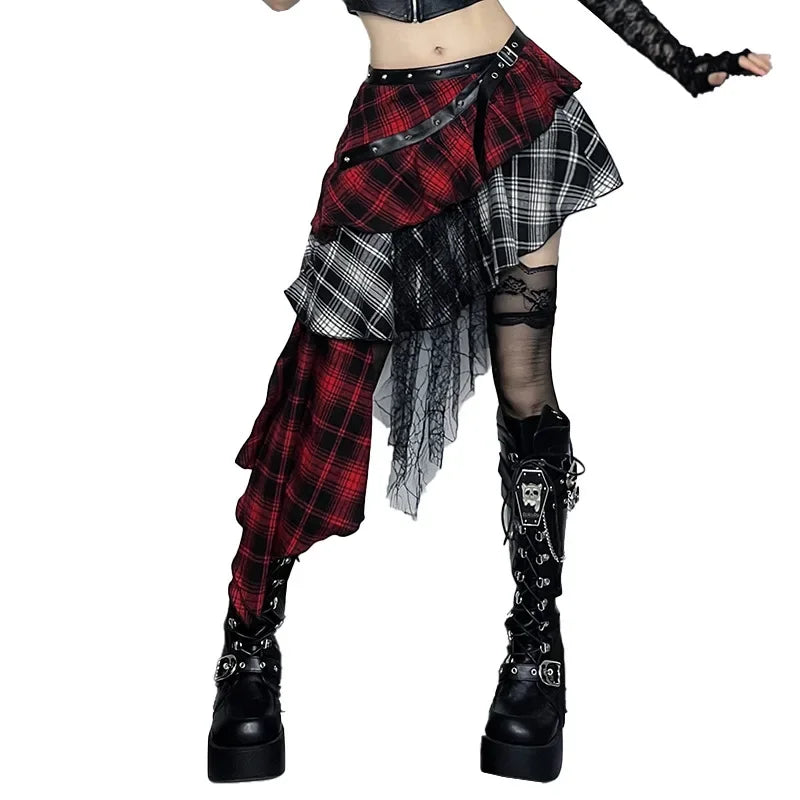 Gothic Plaid Mini Skirt – Y2K Punk Rock High Waist Irregular Skirt with Lace Detail