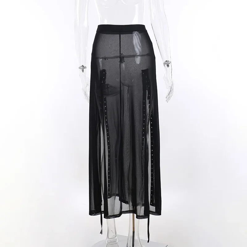 Women’s Goth Mesh Skirt – Side Slit, Lace-Up, Punk Gothic Dark Faldas, Thin Summer Look
