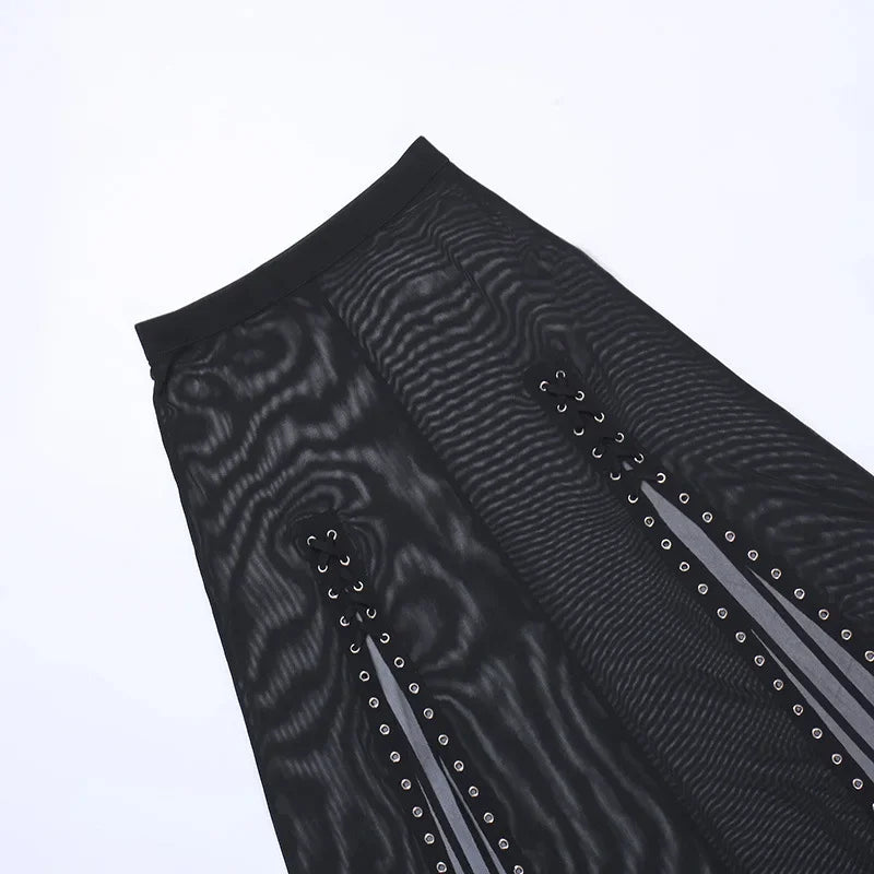Women’s Goth Mesh Skirt – Side Slit, Lace-Up, Punk Gothic Dark Faldas, Thin Summer Look
