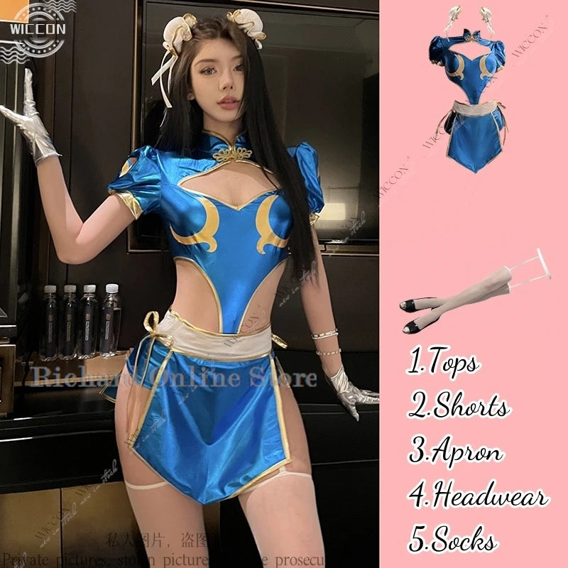 Chun-Li Cosplay Costume Set – Cheongsam Dress with Accessories (Tops, Pants, Apron, Headwear, Socks & Gloves) for Parties, Conventions & Festivals