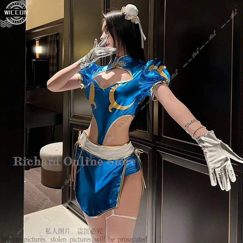 Chun-Li Cosplay Costume Set – Cheongsam Dress with Accessories (Tops, Pants, Apron, Headwear, Socks & Gloves) for Parties, Conventions & Festivals