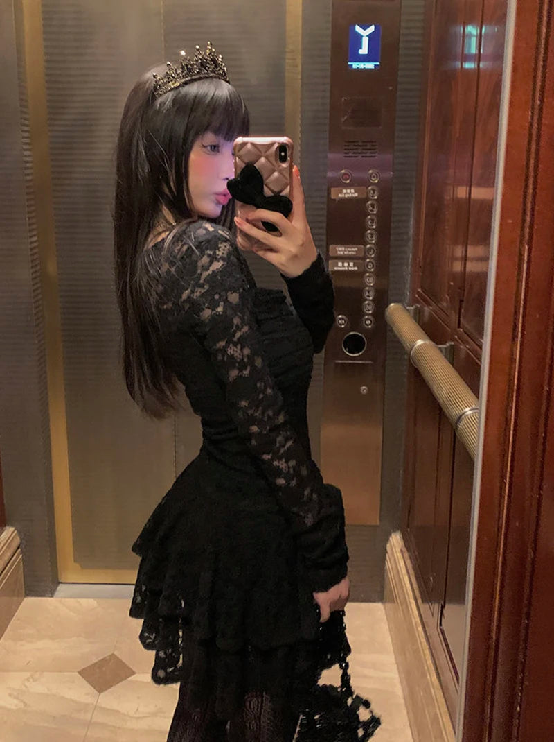 Gothic Black Lace Dress Women Y2K Fall Vintage Elegant Square Collar Purple Mini Dress Streetwear Sexy Slim Party Vestidos New