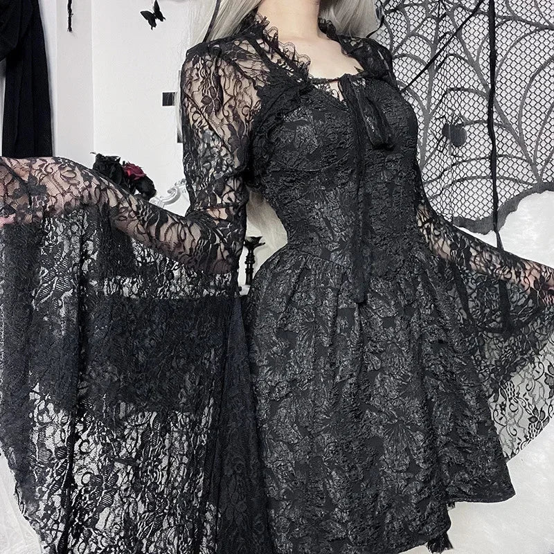Lobovootd Gothic Lace Mesh Shrug Cardigan – Long Sleeve Cropped Top for Cosplay, Harajuku, and Streetwear Fashion