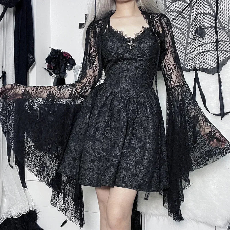 Lobovootd Gothic Lace Mesh Shrug Cardigan – Long Sleeve Cropped Top for Cosplay, Harajuku, and Streetwear Fashion