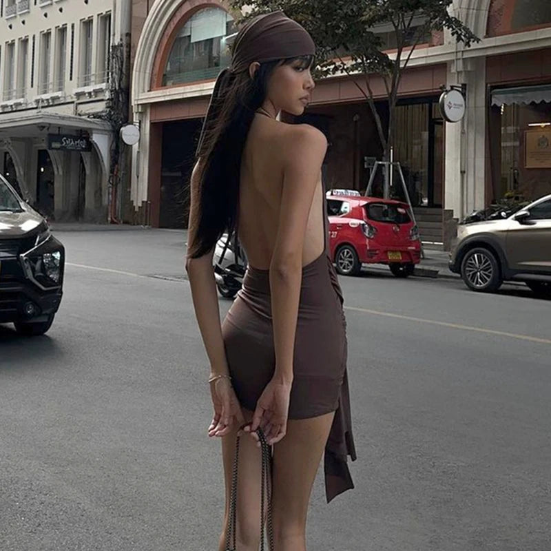 Y2K Brown Mini Dress – Low-Cut Backless Bandage Pleated A-Line Dress for Women
