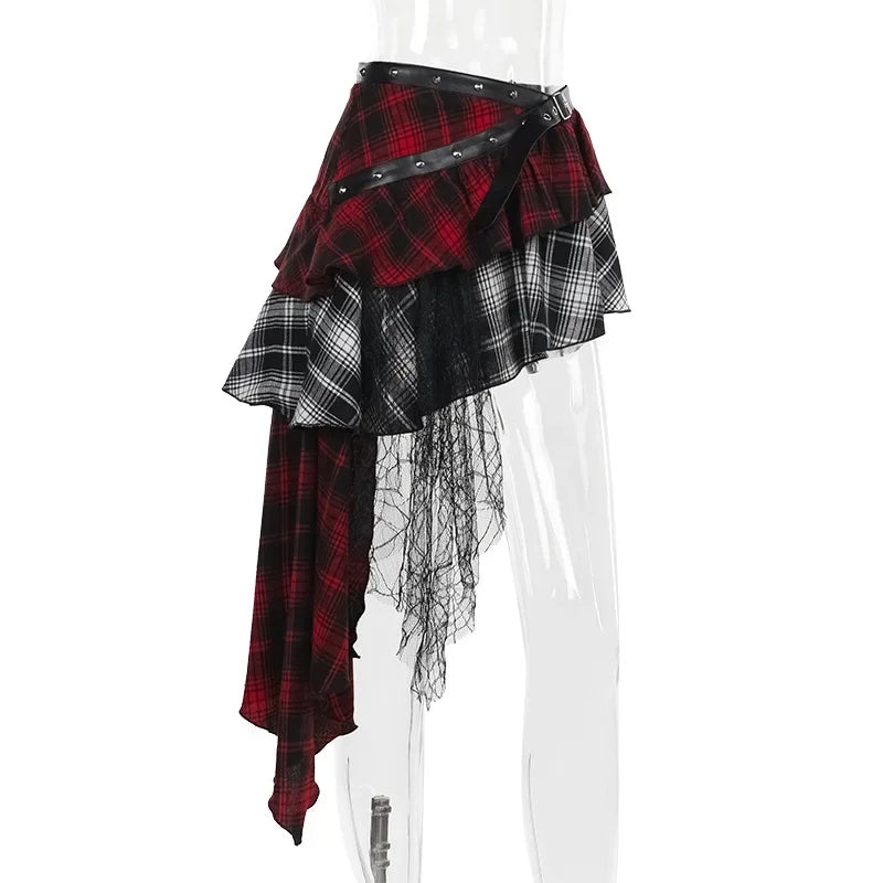 Gothic Plaid Mini Skirt – Y2K Punk Rock High Waist Irregular Skirt with Lace Detail