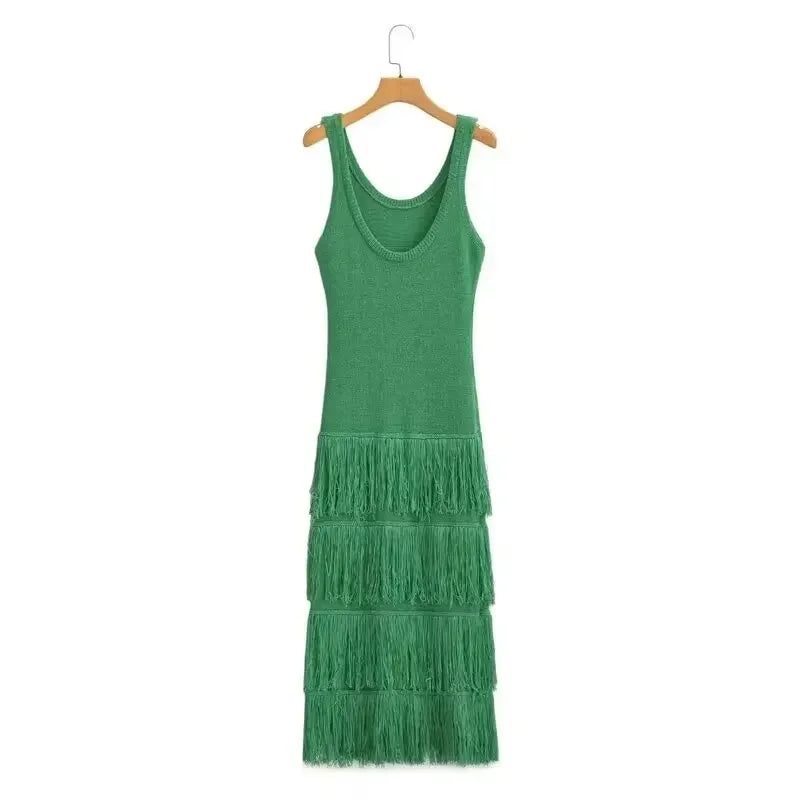 Vintage Knitted Tassel Dress – Elegant Backless U-Neck Long Maxi Dress for Women