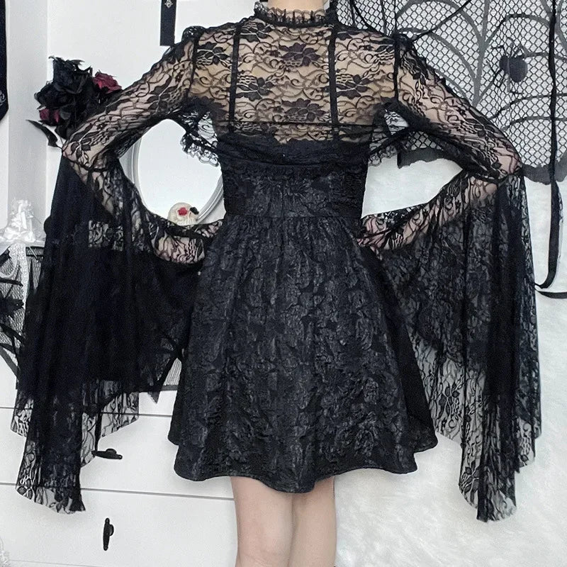 Lobovootd Gothic Lace Mesh Shrug Cardigan – Long Sleeve Cropped Top for Cosplay, Harajuku, and Streetwear Fashion