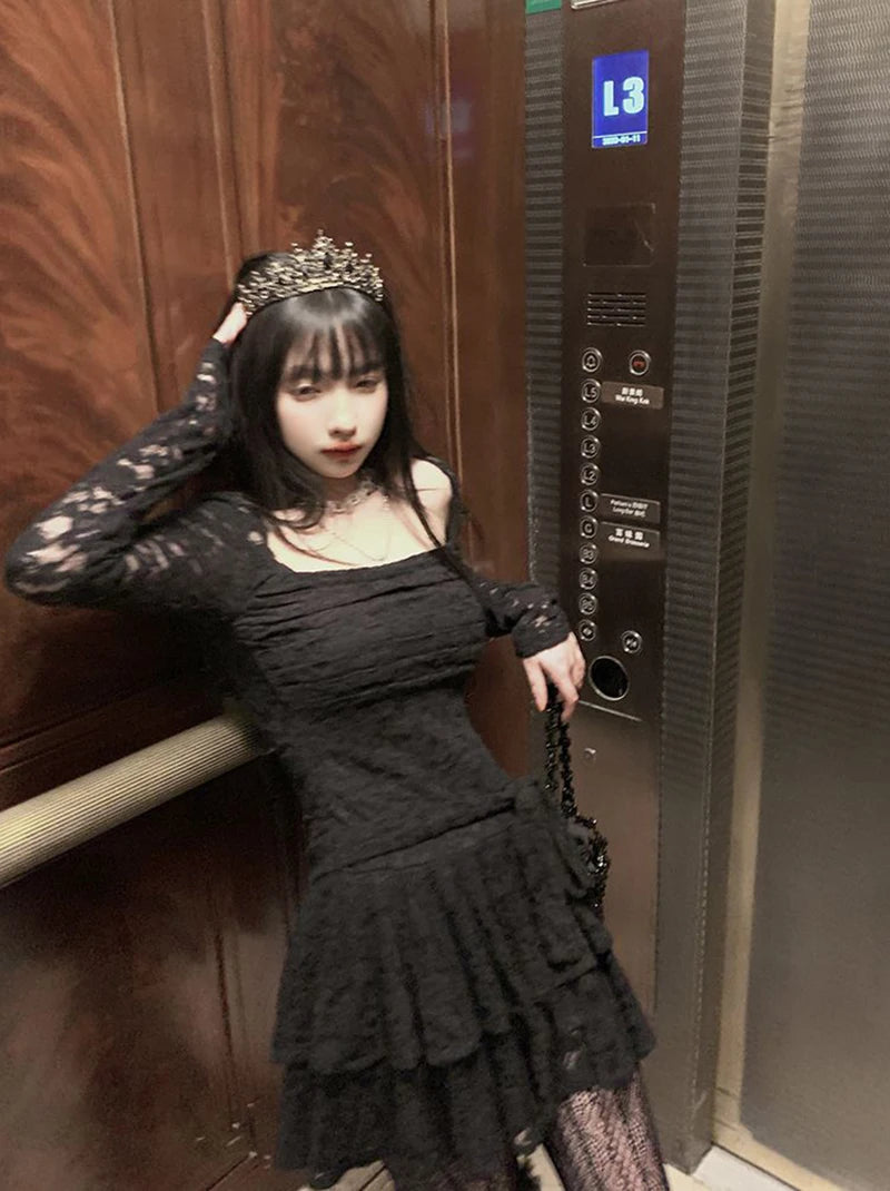 Gothic Black Lace Dress Women Y2K Fall Vintage Elegant Square Collar Purple Mini Dress Streetwear Sexy Slim Party Vestidos New