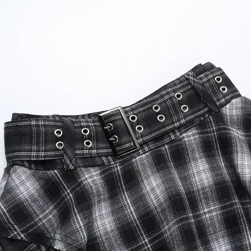 Dark Punk Goth Skirt – Irregular Hem, Plaid Pleated Mini, Women’s Y2K Streetwear Alt Fashion