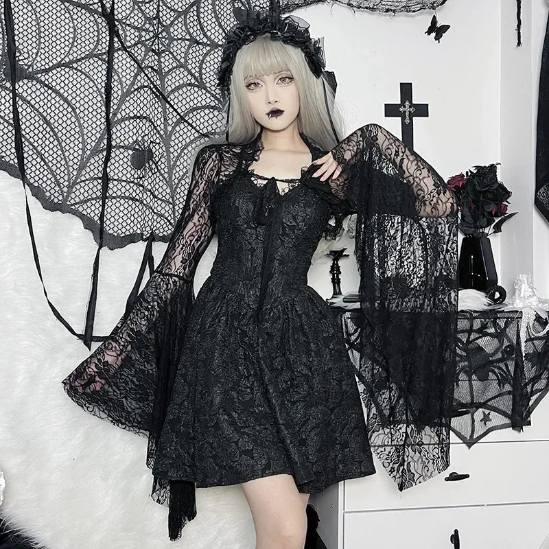 Lobovootd Gothic Lace Mesh Shrug Cardigan – Long Sleeve Cropped Top for Cosplay, Harajuku, and Streetwear Fashion