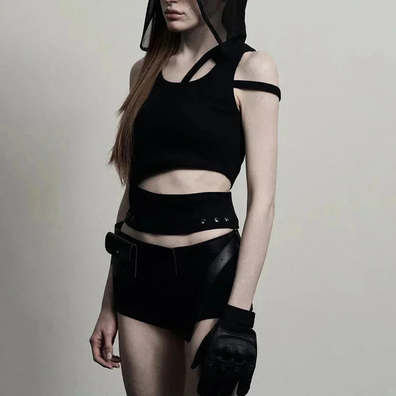 Edgy Punk Hooded Crop Top for Women – Street Fashion Sleeveless Tee, New 2025 Style