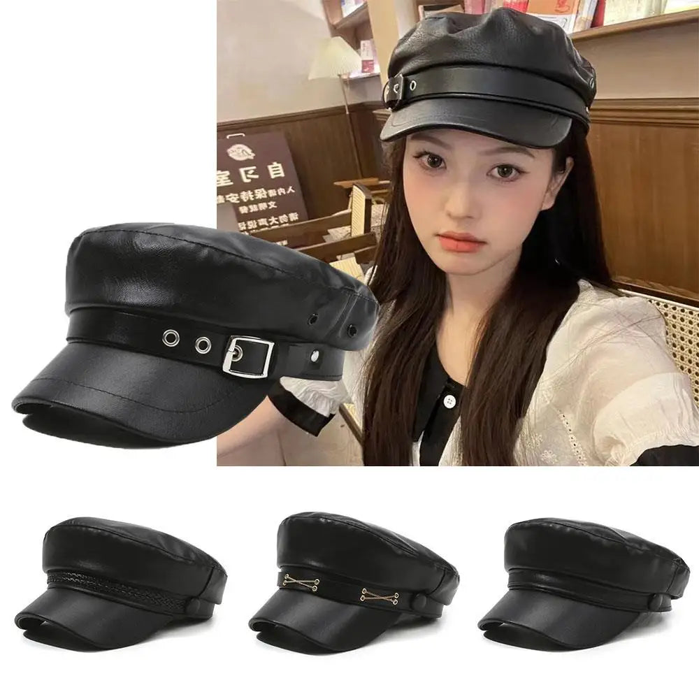 Retro England Black Leather Cap – Women’s Vintage Painter Hat, Flat Newsboy & Military Style Outdoor Cap