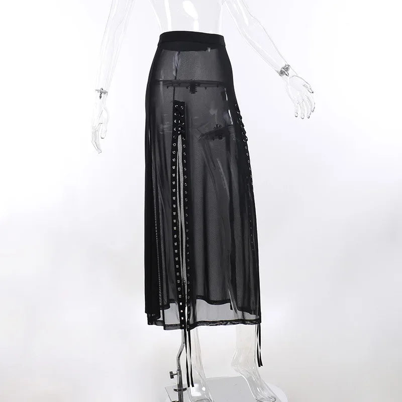 Women’s Goth Mesh Skirt – Side Slit, Lace-Up, Punk Gothic Dark Faldas, Thin Summer Look