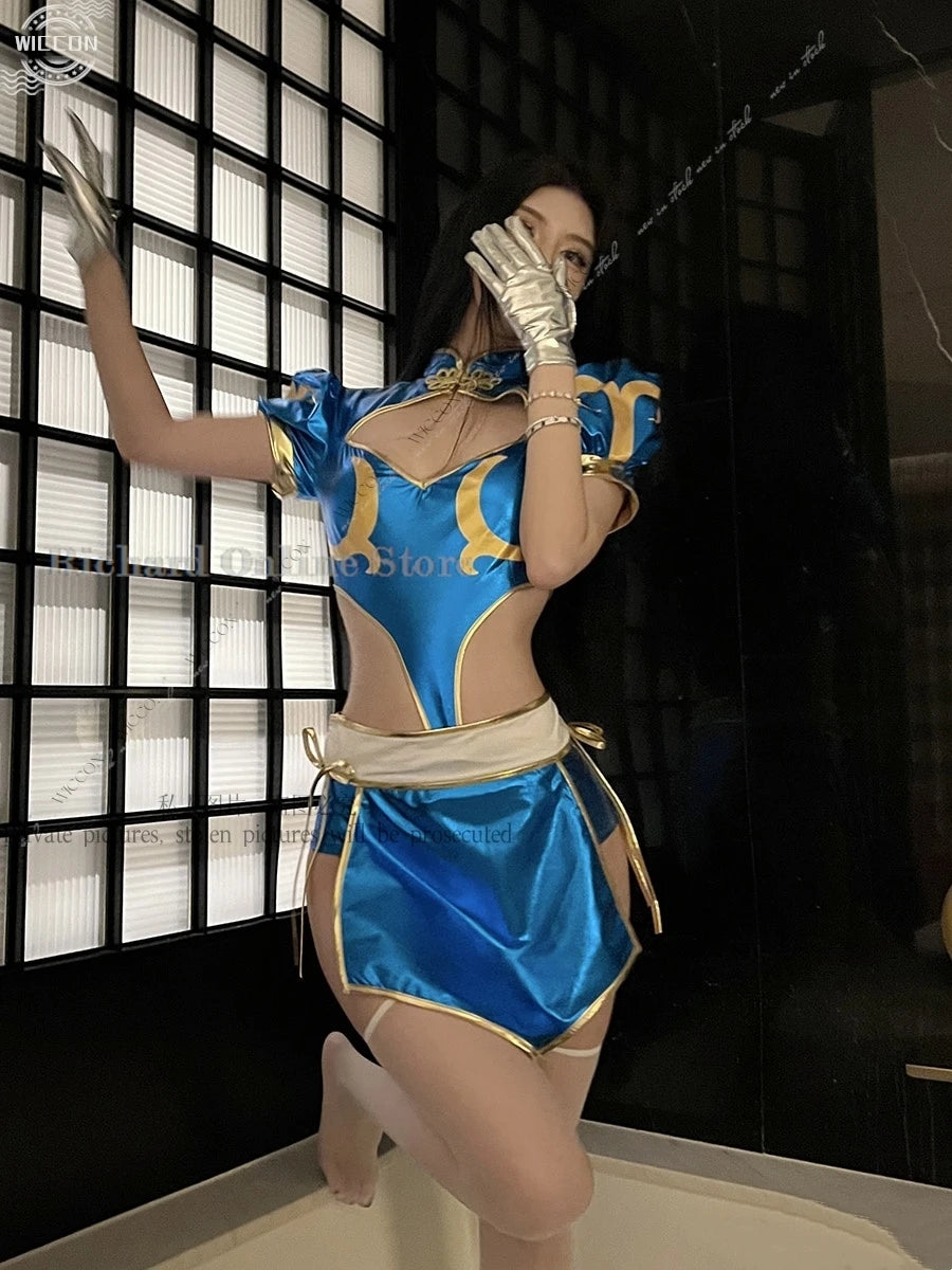 Chun-Li Cosplay Costume Set – Cheongsam Dress with Accessories (Tops, Pants, Apron, Headwear, Socks & Gloves) for Parties, Conventions & Festivals
