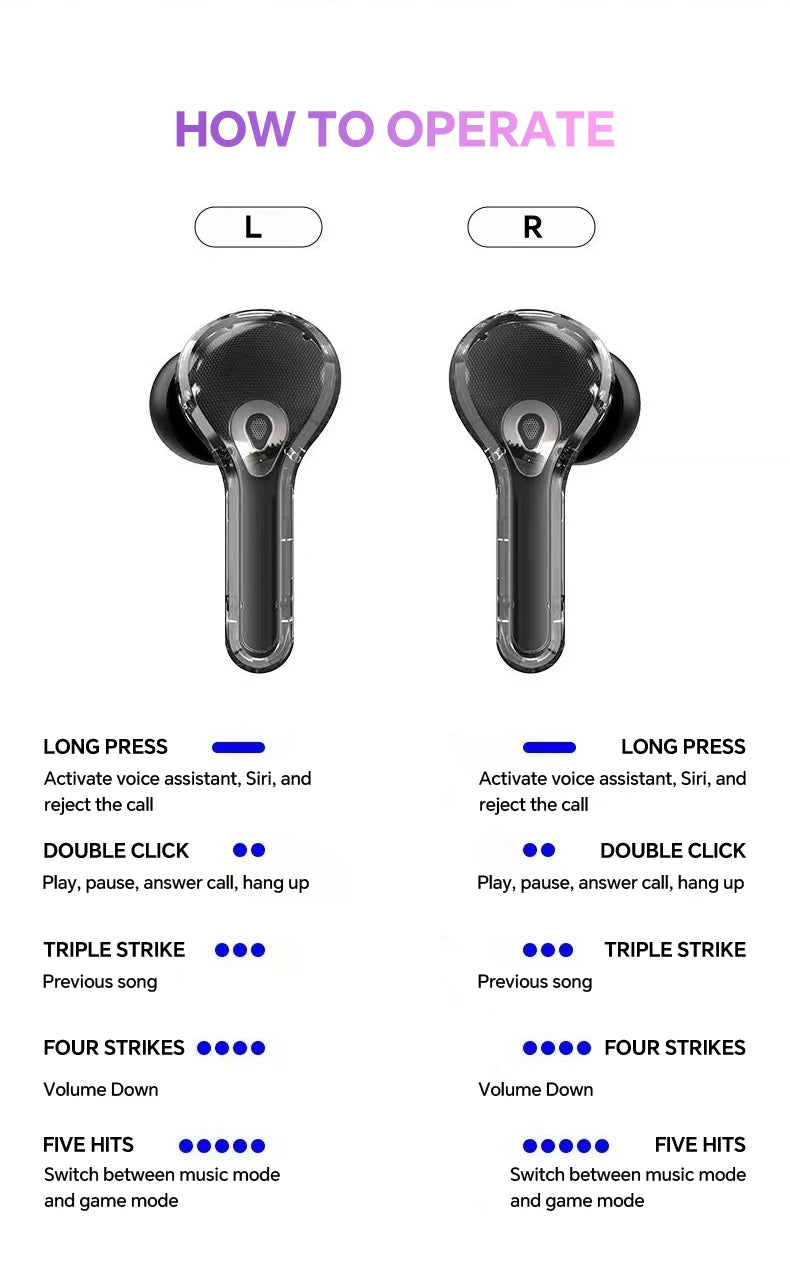Translation Headphones with Touch Screen Wireless Bluetooth 5.4 Smart Earphone HiFi Audio High Quality Transparent Case Headset