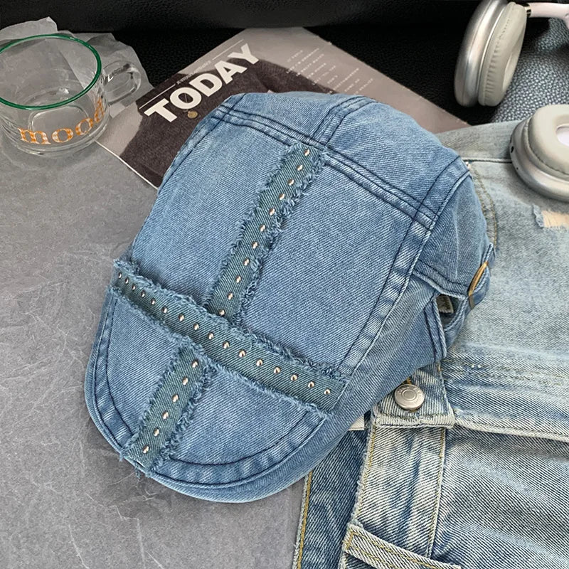 Women’s Retro Black Denim Beret – Vintage Washed Riveted Cap, Y2K Streetwear Fashion Hat for Girls