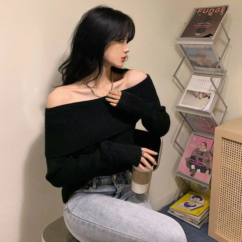 Lucyever Women’s Slash Neck Knitted Sweater – Sexy Off-Shoulder Slim Fit Long Sleeve Pullover, Korean Elegant Thick Jumper for Autumn/Winter