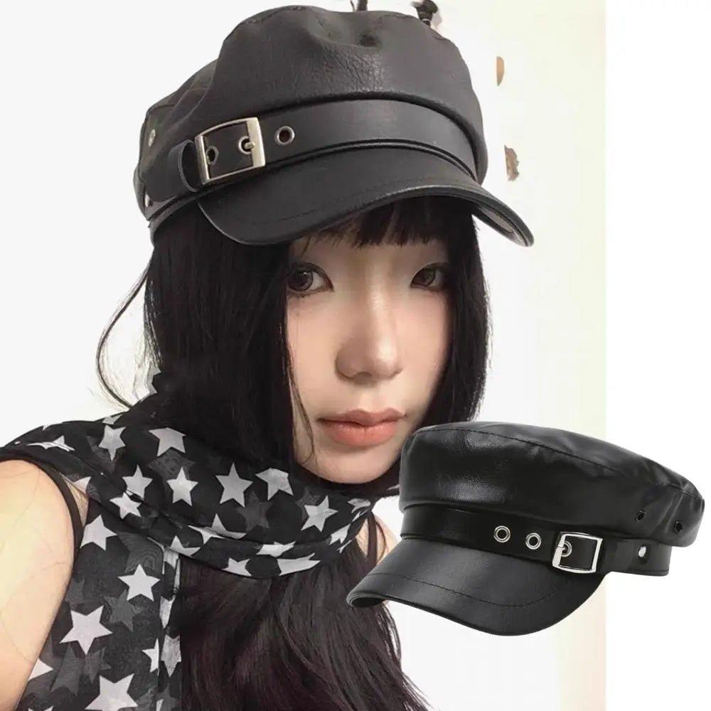 Retro England Black Leather Cap – Women’s Vintage Painter Hat, Flat Newsboy & Military Style Outdoor Cap