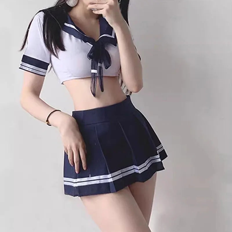 PCQWXZ Kawaii Schoolgirl Cosplay Set – Japanese JK-Inspired Pleated Skirt and Midriff-Baring Top for Anime and Roleplay Costumes