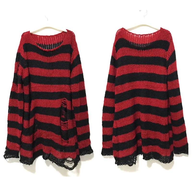 Punk Rock Distressed Sweater – Loose Striped Knit Pullover, Gothic Fashion