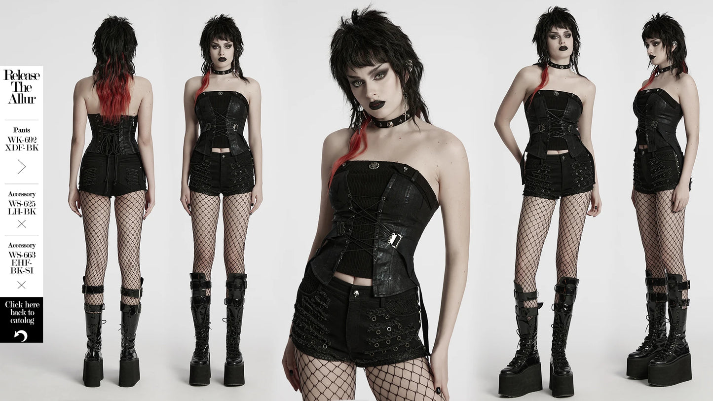 PUNK RAVE Slim Fit Punk Tube Top – Women’s Sexy Bustier Style, Printed Woven Patchwork, Sleeveless Tee, Avant-Garde Summer Fashion