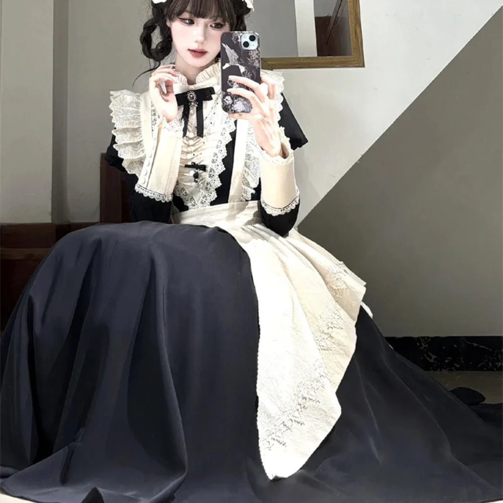 Autumn and Winter New Black Bubble Sleeve Lolita Dress Women Japanese Maid Apron Two-piece Suit Dress for Girls