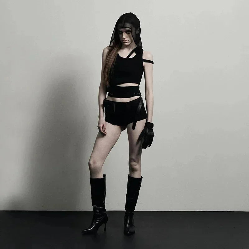 Edgy Punk Hooded Crop Top for Women – Street Fashion Sleeveless Tee, New 2025 Style