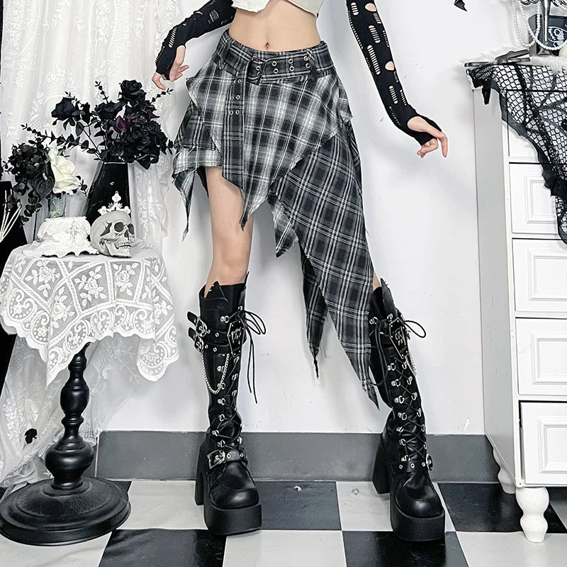 Dark Punk Goth Skirt – Irregular Hem, Plaid Pleated Mini, Women’s Y2K Streetwear Alt Fashion