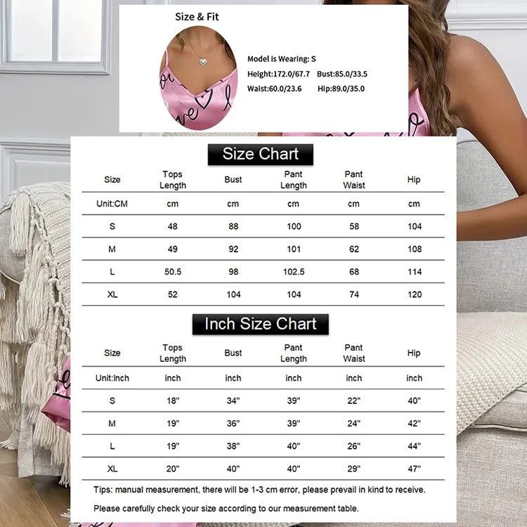 Women Letter Print Satin Pajama Set Chic V-Neck & Backless Cami Tops and Pants Pyjama 2 Pieces Soft Women's Sleepwear Loungewear