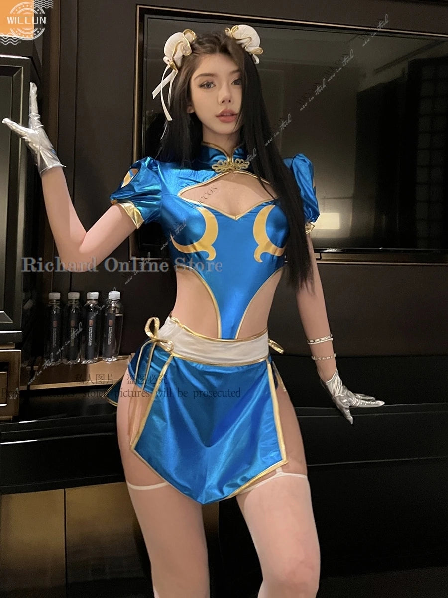 Chun-Li Cosplay Costume Set – Cheongsam Dress with Accessories (Tops, Pants, Apron, Headwear, Socks & Gloves) for Parties, Conventions & Festivals