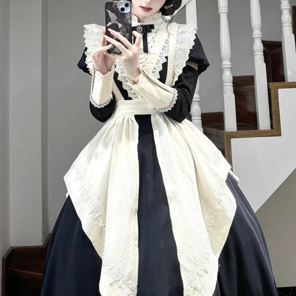 Autumn and Winter New Black Bubble Sleeve Lolita Dress Women Japanese Maid Apron Two-piece Suit Dress for Girls