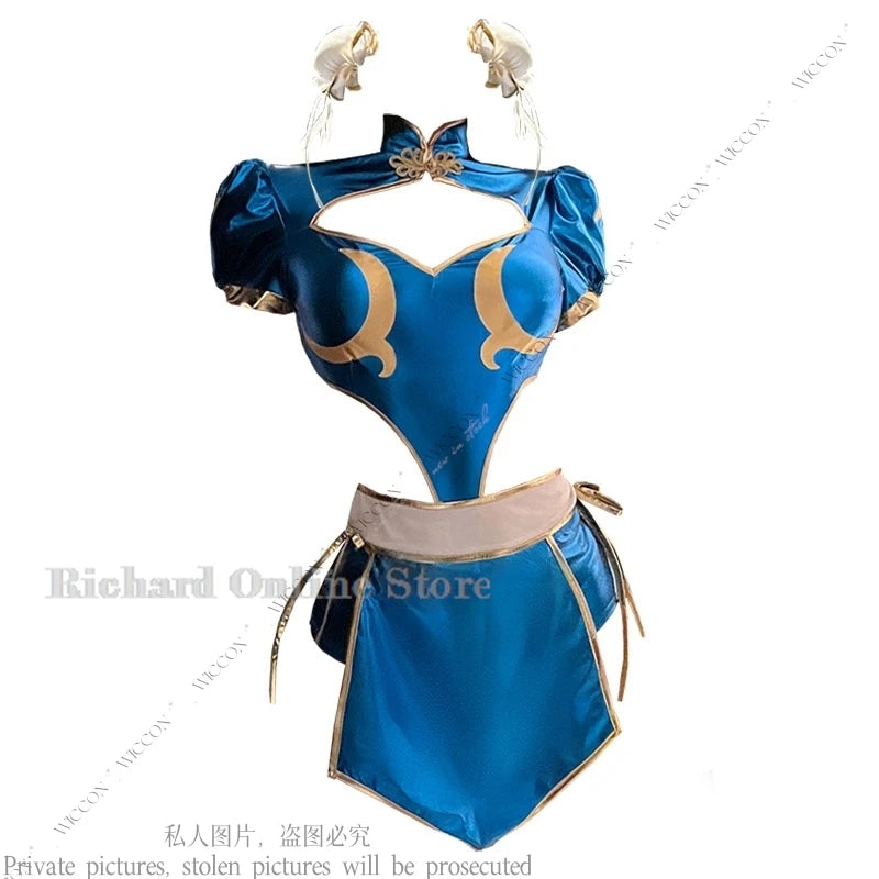 Chun-Li Cosplay Costume Set – Cheongsam Dress with Accessories (Tops, Pants, Apron, Headwear, Socks & Gloves) for Parties, Conventions & Festivals