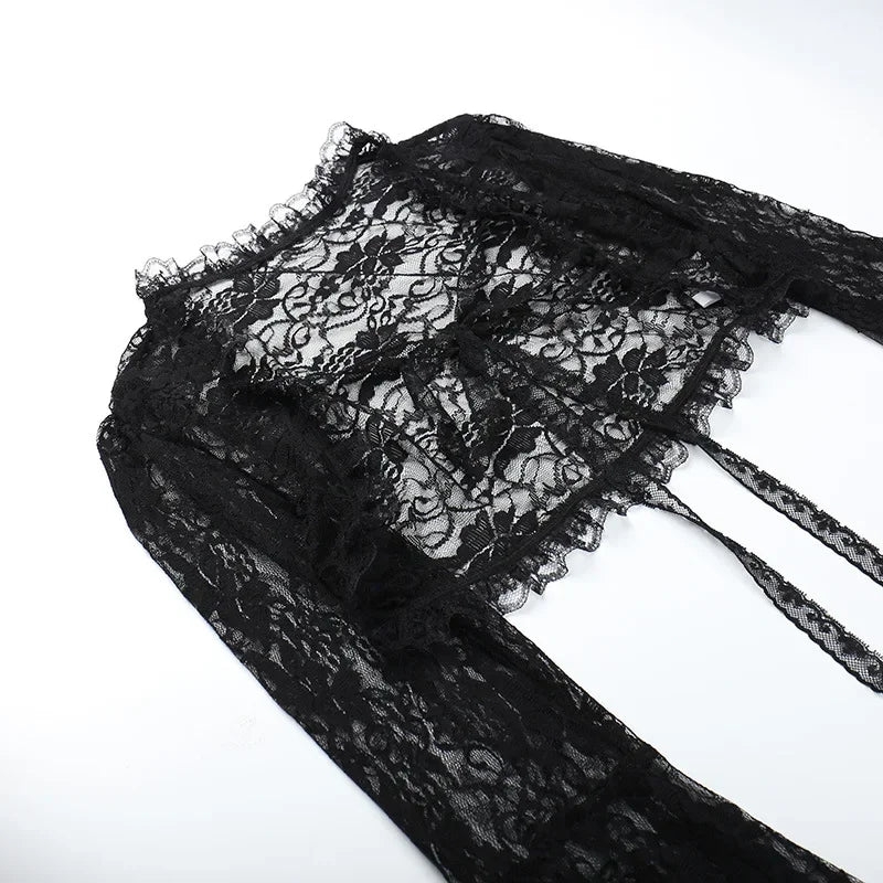 Lobovootd Gothic Lace Mesh Shrug Cardigan – Long Sleeve Cropped Top for Cosplay, Harajuku, and Streetwear Fashion