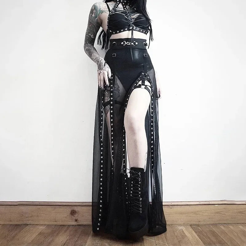 Women’s Goth Mesh Skirt – Side Slit, Lace-Up, Punk Gothic Dark Faldas, Thin Summer Look