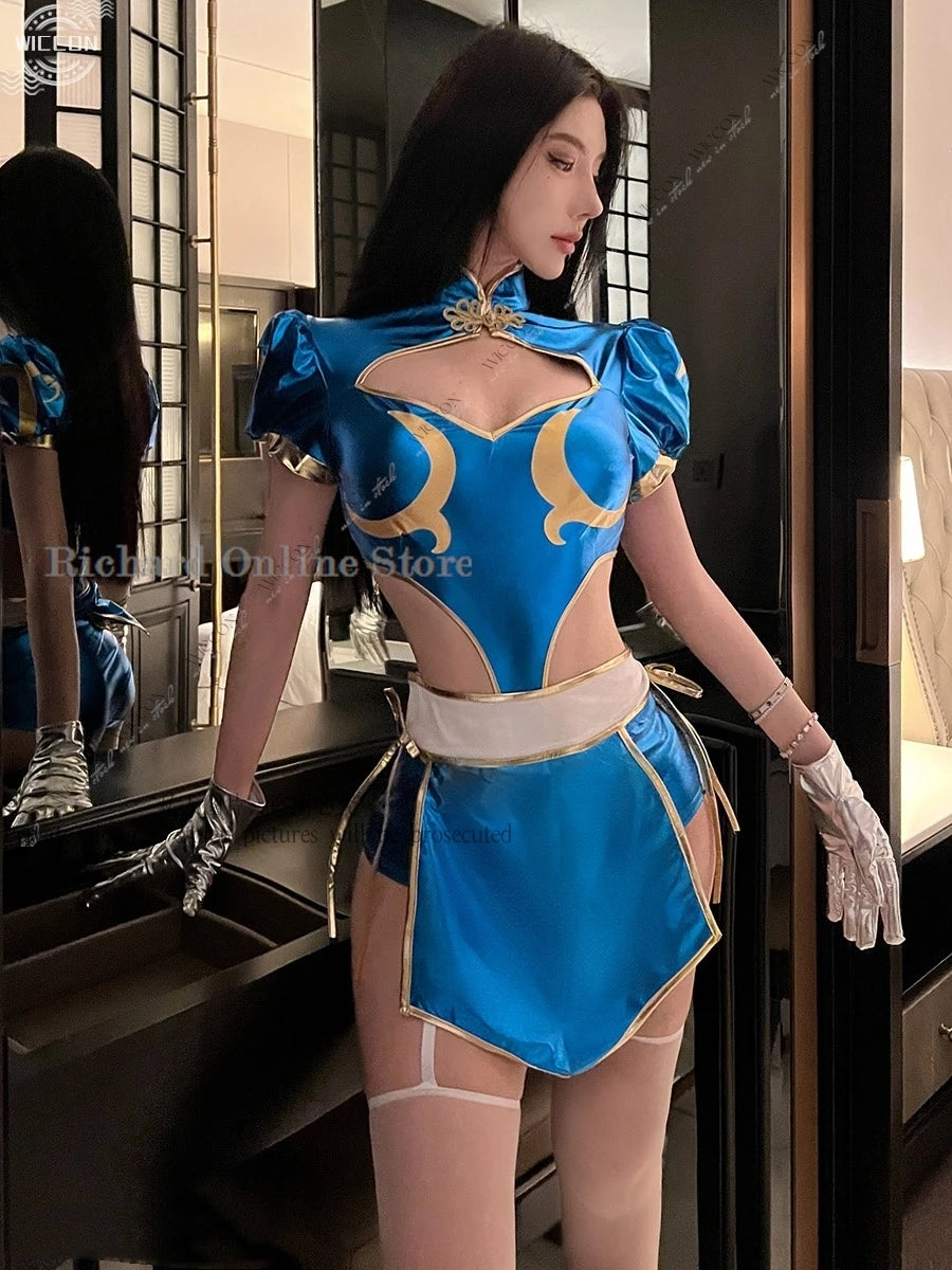 Chun-Li Cosplay Costume Set – Cheongsam Dress with Accessories (Tops, Pants, Apron, Headwear, Socks & Gloves) for Parties, Conventions & Festivals