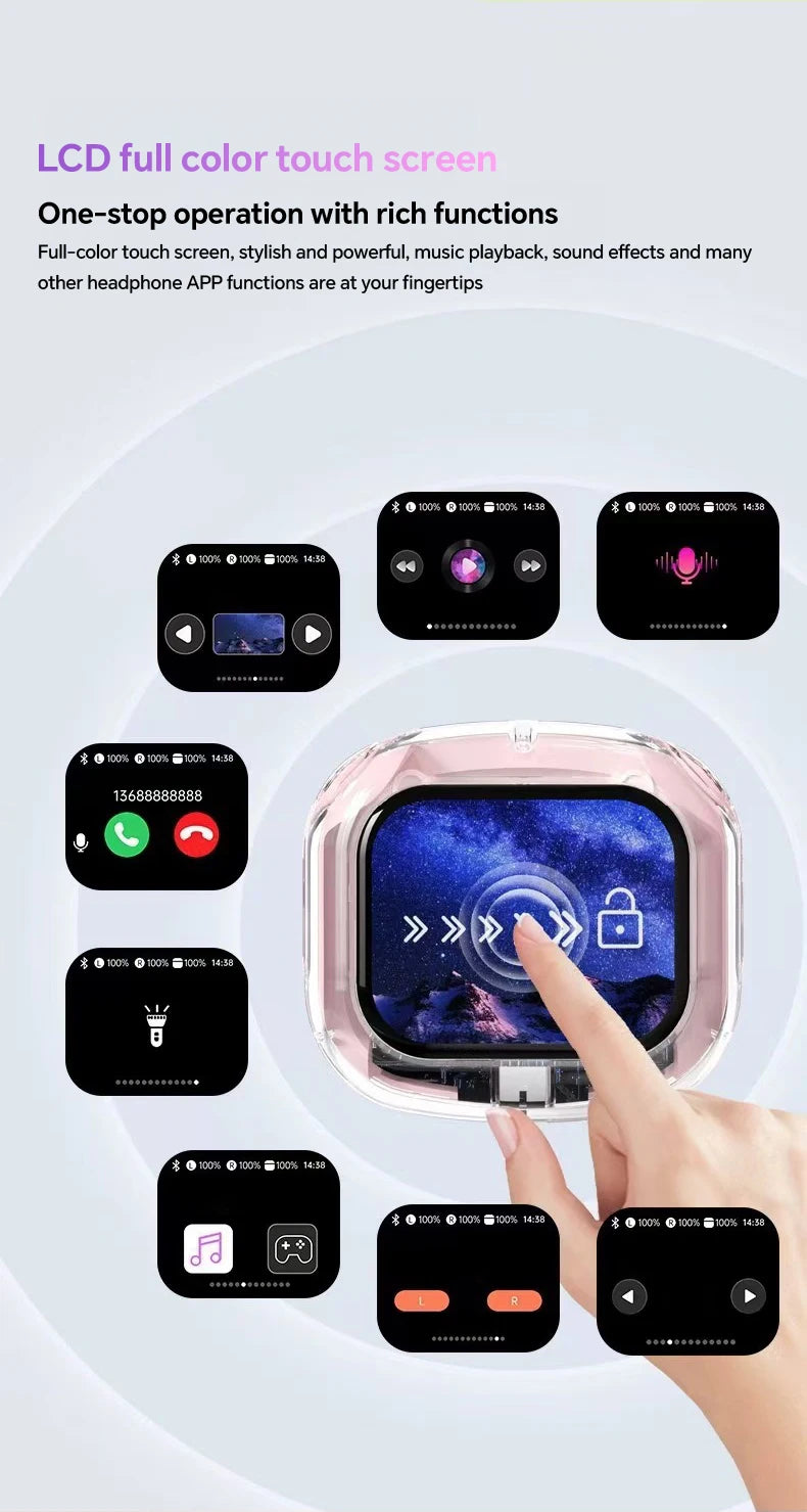 Translation Headphones with Touch Screen Wireless Bluetooth 5.4 Smart Earphone HiFi Audio High Quality Transparent Case Headset