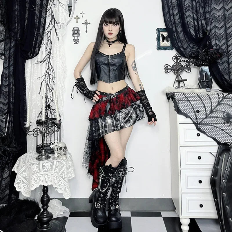 Gothic Plaid Mini Skirt – Y2K Punk Rock High Waist Irregular Skirt with Lace Detail