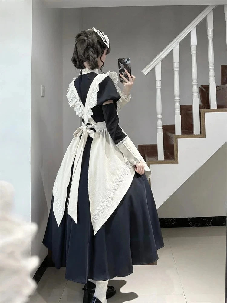 2025 Spring New Black Gothic Premium Bubble Long Sleeve Lolita Dress Female Japanese Maid Apron Long Dress Two-piece Sets Women