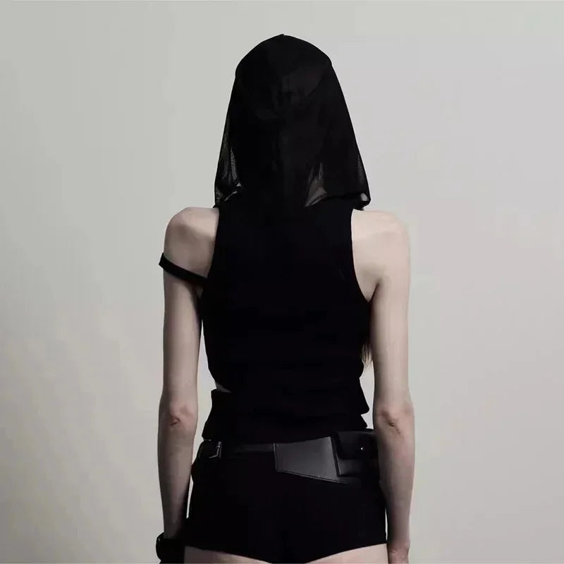 Edgy Punk Hooded Crop Top for Women – Street Fashion Sleeveless Tee, New 2025 Style