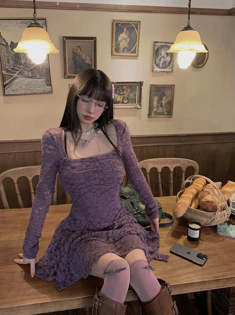 Gothic Black Lace Dress Women Y2K Fall Vintage Elegant Square Collar Purple Mini Dress Streetwear Sexy Slim Party Vestidos New