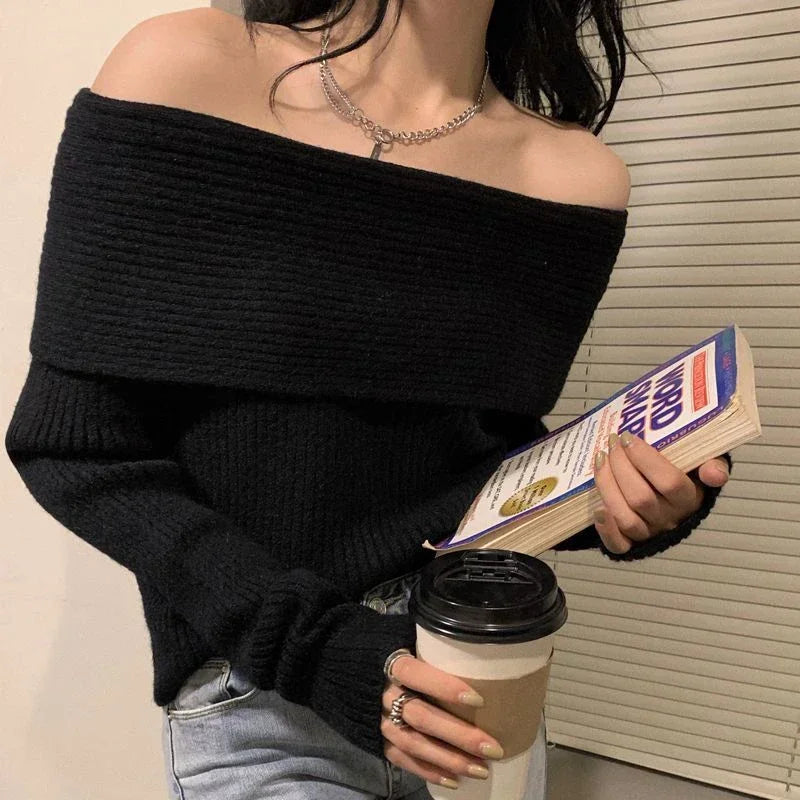Lucyever Women’s Slash Neck Knitted Sweater – Sexy Off-Shoulder Slim Fit Long Sleeve Pullover, Korean Elegant Thick Jumper for Autumn/Winter