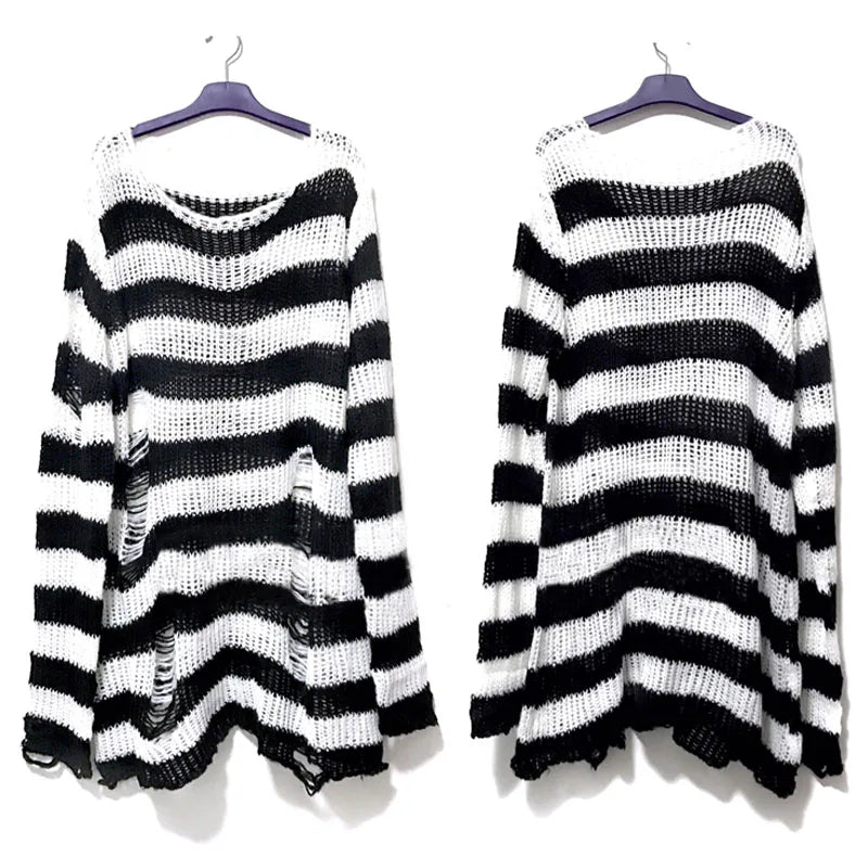 Punk Rock Distressed Sweater – Loose Striped Knit Pullover, Gothic Fashion
