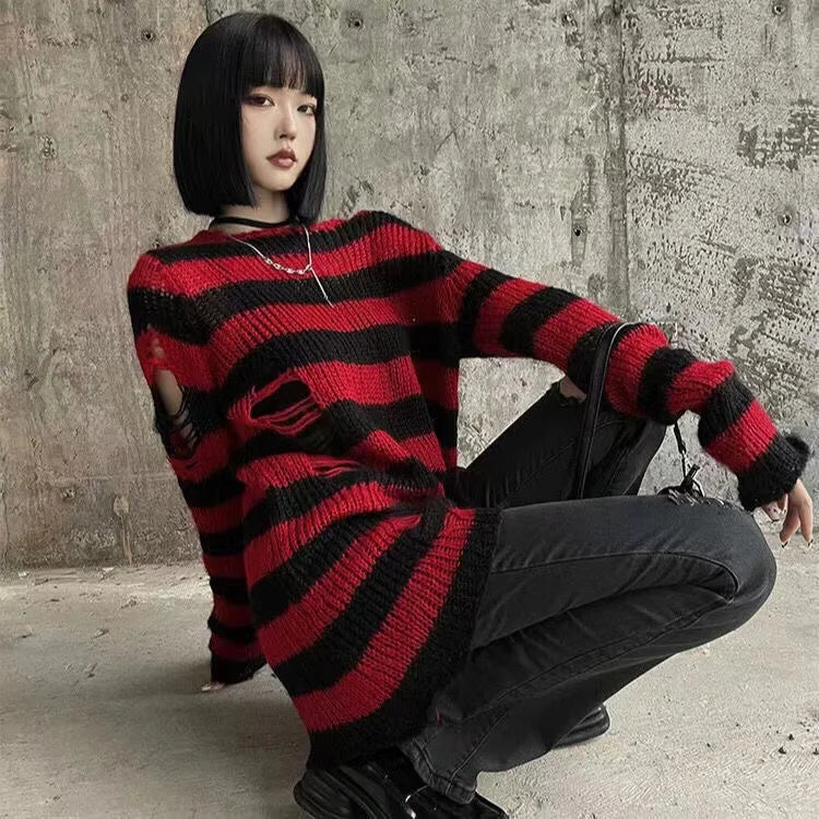 Punk Rock Distressed Sweater – Loose Striped Knit Pullover, Gothic Fashion