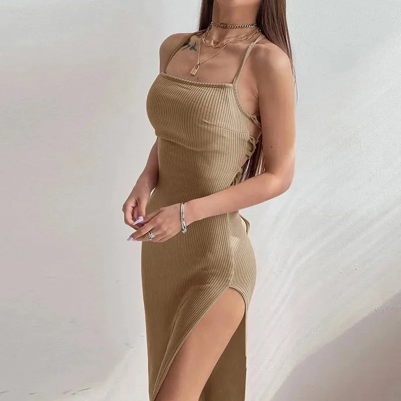 Sexy Maxi Bodycon Dress – Black Halter Spaghetti Strap Sleeveless Backless for Women