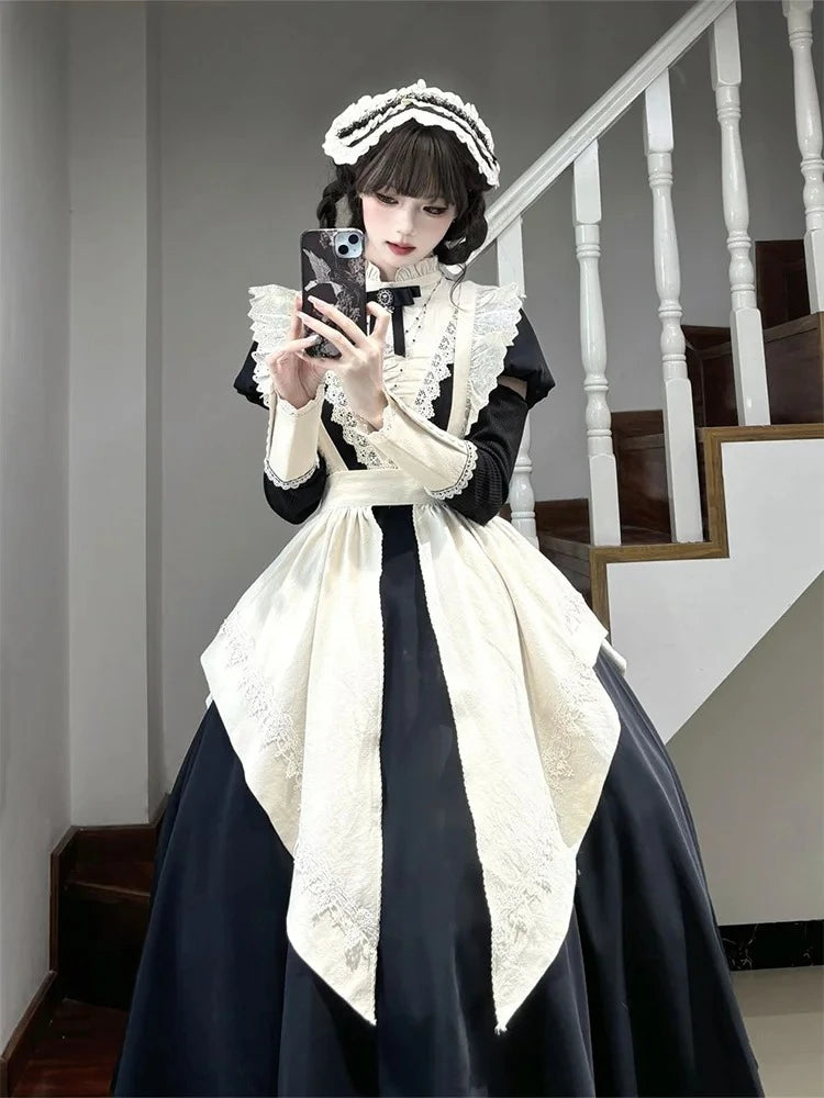 2025 Spring New Black Gothic Premium Bubble Long Sleeve Lolita Dress Female Japanese Maid Apron Long Dress Two-piece Sets Women
